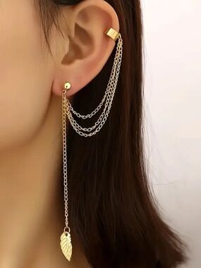 Gold-Tone Double Chain Ear Cuff with Leaf Drop - Women Jewelry